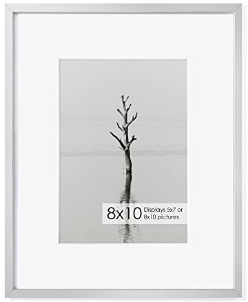 Fun Memories 8x10 Inch Metal Picture Frame - Aluminum Photo Frames - 5x7 Mat- Ideal for Wall or Tabletop Display - Wall Hook Hanging Hardware Included -Sliver - Set of 1