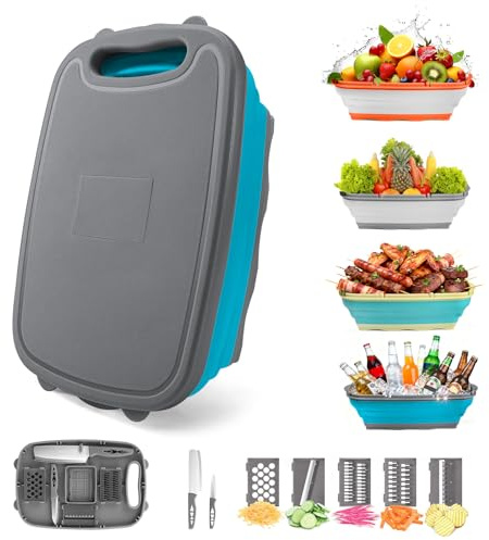 Gintan Collapsible Camping Cutting Board, 9-in-1 Chopping Board with Colander, Kitchen Vegetable Washing Basket for Camping, Camping Gifts Camping Accessories for RV Campers (Blue+Grey)