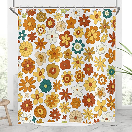 Hnmdmyi Cortina de Ducha Retro Boho Flores 90x180, Funky Vintage 70s Amarillo Naranja Flores Cortina de Baño Hippie Geométrico Abstracto Tejido de Poliéster Impermeable Lavable Cortina de Baño
