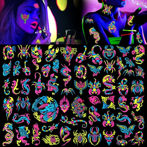 HOWAF 10 Feuilles Néon Tatouages Temporaires Néon UV Autocollant de Tatouage Neon Faux Tatouage Tatouage Dragon Lueur UV Néon Corps Visage Tatouages éphémères Autocollants de Tatouage pour Femme Homme