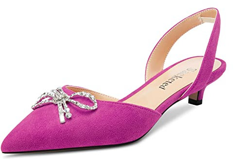 Saekcted Donna Basso Gattini Tacco Heel a Punta Sandali Slingback Slip-on Pumps Diamante Cristallo Nodo Fiocco Dress Scarpe Fucsia 45 EU