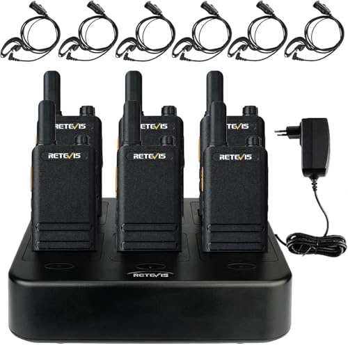 Retevis RT622P Walkie Talkies für Erwachsene, Wiederaufladbares Funkgerät mit 6-Wege-Ladegerät, 1620 mAh, 15 mm Ultradünn, VOX- PMR446 Walkie Talkie mit Ohrhörern für die Schule (6 Stück, Schwarz)
