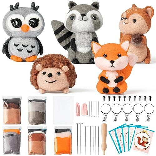 WATINC 25Pcs Woodland Animal Needle Felting Starter Kit DIY Nadelarbeit | Handwerk Filz Werkzeuge Filz Nadeln Schaum Matte Igel Eichhörnchen Waschbär Noh Puppe Wolle Party Zubehör für Anfänger Kinder