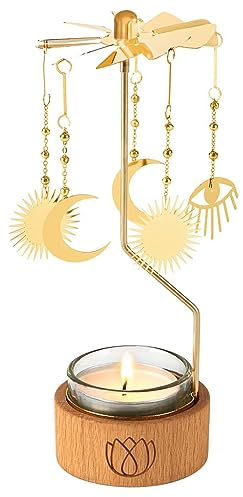 moses. Omm for You Teelicht-Karussell Cosmic, Kerzenhalter aus Holz mit Teelichtglas, mit funkelnden Goldanhängern, in Einer Geschenkbox