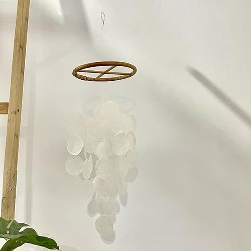 Capiz Muschel-Windspiele für den Außenbereich,Windspiel Boho Deko Muschel Traumfänger Garten Deko Draußen Windspiele 48cm Retro Capiz Muscheln Windspiele Hängende Ornamente für Terrasse, Garten Weiß