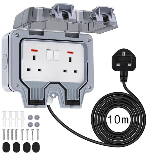 Chilymes Double Outdoor Socket with 10m Extension Lead, Outside Plug IP66 Waterproof 13Amp 2 Gang Switched Socket Cover, Wall Electrical Outlet Box…