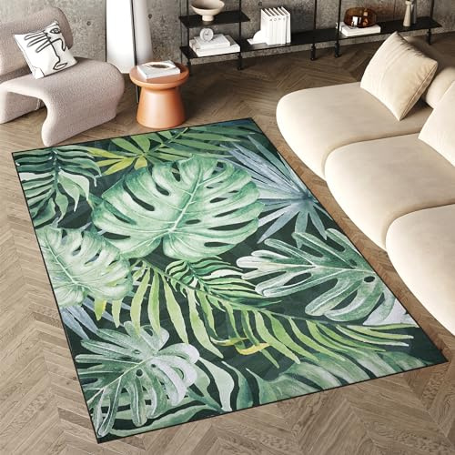 TAPISO Flannel Teppich Kurzflor Grün Mehrfarbig Waschbar rutschfest Palmenblätter Tropische Pflanzen Boho Wohnzimmer Schlafzimmer ÖKOTEX 160 x 230 cm