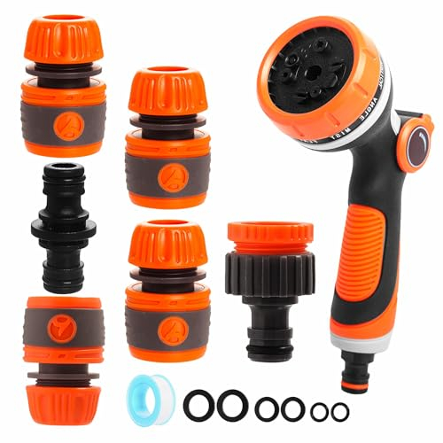 Garden Hose Pipe Spray Gun Hose Nozzle Multi Adjustable Patterns with Tap Hose Connectors and Fittings Set, High Pressure Water Hose Spray Gun for Plants Lawns Watering, Car Cleaning, Pets Bathing