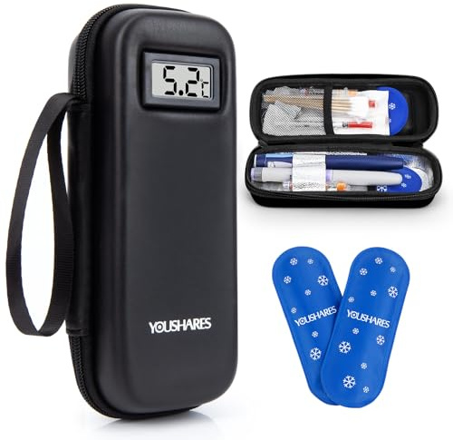YOUSHARES Insulin-Kühltasche, Reise-Isoliertasche für Diabetiker, Temperaturanzeige mit 2 Eistaschen, Insulin-Medikamententasche für Spritze, Schwarz