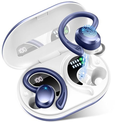 Wireless Earbuds, 48H Bluetooth 5.3 Headphones Sports with HD Mic, Stereo Noise Cancelling Ear Buds, Wireless Headphones with Earhooks, IP7 Waterproof Bluetooth Earphone for Running Gym, Sapphire Blue