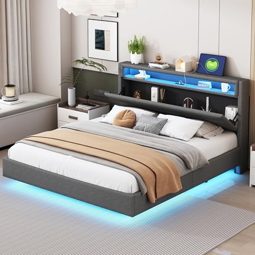 Kayan Polsterbett 160x200 mit LED und USB, Doppelbett mit wendbares Stauraum Kopfteil, Bett mit Lattenrost, Jugendbett Stauraumbett Bettgestell, Leinen Grau, ohne Matratze