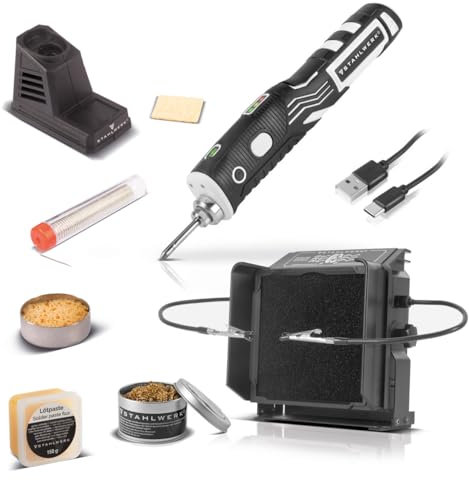 STAHLWERK Akku-Lötkolben BLK-8 ST mit 480°C Löttemperatur im Komplett-Set | USB-Lötstation | Lötgerät | Lötpistole mit Lötabsaugung, Lötkolbenreiniger und Lötpaste