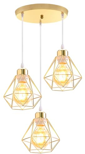 TOKIUS 3-flammig Pendelleuchte Vintage Industrial Hängelampe mit Geometrischem Design E27 Lampe aus Eisen Käfig Lampenschirm Retro Hängeleuchte für Esstisch Küche (Gold, Pendellampe, Rondell)