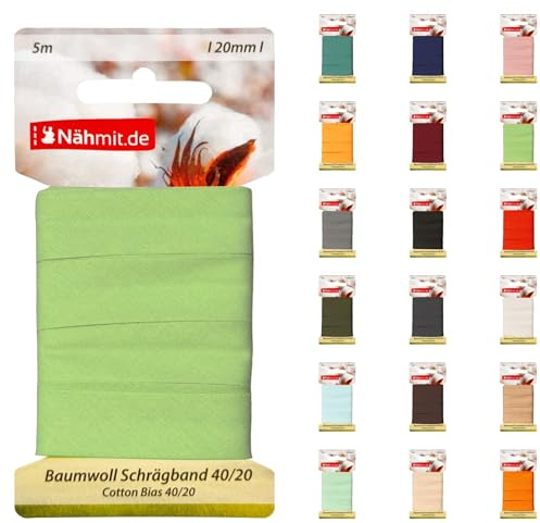 Nähmit 5m Karte Baumwoll Schrägband, 100% Baumwolle 20mm Breit - 40/20 vorgebügeltes Schrägband (A14-Apfelgrün, 5m Karte)