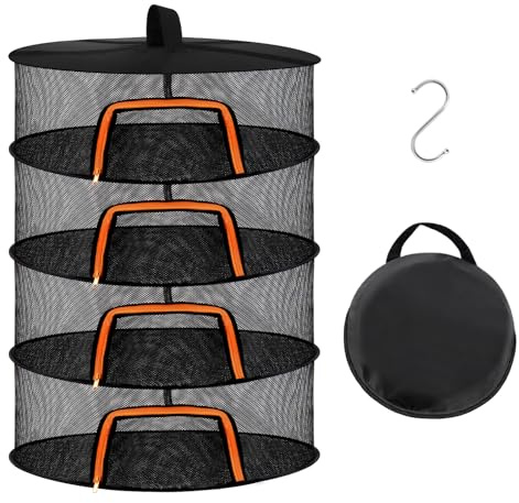Desy & Feeci Rete Essiccazione 4 Livelli per Erbe, Piante & Alimenti –Rete da Stendino per Erbe Aromatiche con Gancio a Forma di S e Borsa Portaoggetti –Ideale per Tisane, Fiori, Frutta Secca (60 cm)