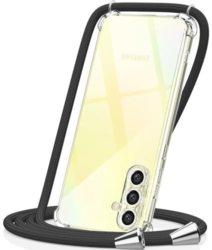CAROKI for Samsung Galaxy A55 Clear Crossbody Case with Adjustable Neck Strap - Anti-Yellowing Shockproof TPU Soft Protective Phone Cover Comfort Grip (Black)