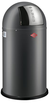 Wesco Pushboy Mülleimer in der Farbe graphit matt, pulverbeschichtetes Stahlblech, 50 Liter Volumen, große Edelstahlklappe, herausnehmbarer Innenbehälter