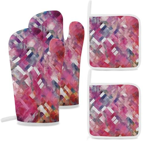 Lot de 4 maniques et maniques de cuisine résistantes à la chaleur - Antidérapantes - Violet clair et rouge