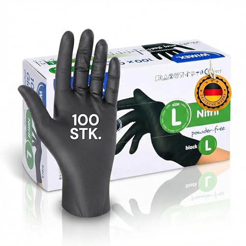 LogiPack GeRo Nitrilhandschuhe schwarz Box Einweghandschuhe, Einmalhandschuhe, Untersuchungshandschuhe, Nitril Handschuhe, puderfrei, ohne Latex, latexfrei, 100 Stück (Größe L)