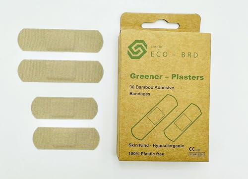 Greener Plasters Boîte mixte 100 % sans plastique – Bambou hypoallergénique sans latex – 30 pansements adhésifs par boîte – Sans danger pour l'océan et zéro déchet