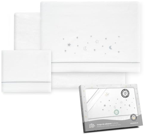 Interbaby - Juego Sabanas Carrito Bebe 40x80 Algodón 100% | Sabana Cuna Franela, Cálida | Incluye Sabana Bajera, Encimera y Funda de Almohada | Ideal para Invierno | Estrellas Luna Blanco/Gris