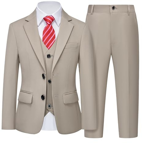 YND Formelle schmale Passform, 5-teilige Anzüge für Kinder, Jacke, Weste, Hose, Hemd und Krawatte für Hochzeit, Abschlussball, Beige, 152
