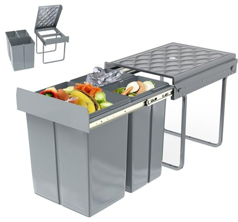 AufuN Pattumiera da incasso per la spazzatura, da cucina, con 3 scomparti, estraibile, 2 x 10 l + 1 x 20 l, completamente estraibile, con guide telescopiche, 48 x 34 x 42 cm (lunghezza x larghezza x