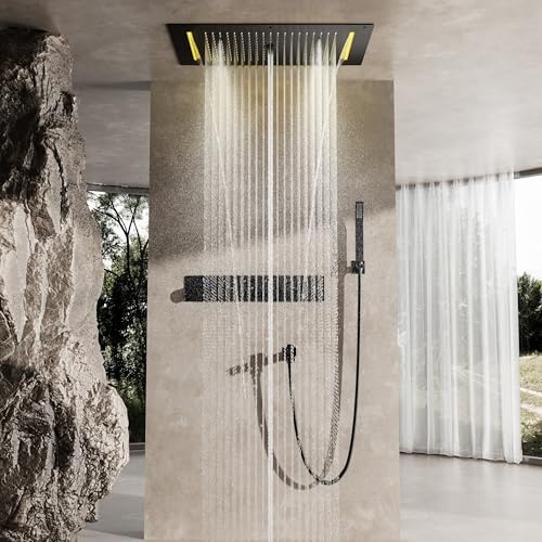 OihPaw Duschsystem Mit Thermostat,Multifunktionale Schwarze Versteckte Dusche,700 X 380 mm Große Kopfbrause Mit 12 LED-Leuchten Und Fünf Strahlarten,Mit Handbrause Und Unterem Auslauf