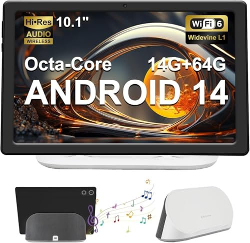 Whitedeer Tablet 10 Zoll Android 14 Octa-Core Tablet mit Ladedock Lautsprecher, 14GB RAM+64GB ROM, AI Cloud Album& 8 Typen von Weißem Rauschen, 1280x800 HD, 5MP+8MP Kamera, Wi-Fi 6&BT 5.3(Schwarz)