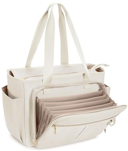 Prokva Borsa per Insegnanti con tasca a Fisarmonica per L'organizzazione dei file, Grande Borsa da Lavoro per Insegnanti per Donne, Beige (Design Brevettato)