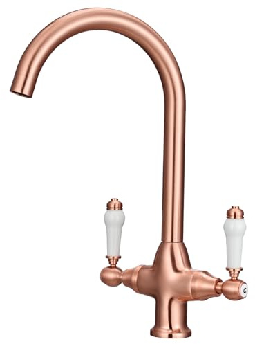Peppermint Rose Gold Kitchen Tap Traditional Victorian Kitchen Sink Taps Mxier 1 Hole with White Ceramic Dual Lever Mono Retro Brass Faucet 360° Swivel Bar Taps Vintage Style