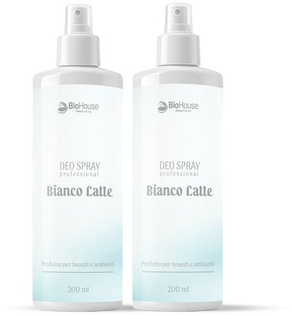 Spray Profumatore Per Ambienti e Tessuti 2x200ml Deodorante Intenso Rinfresca i Capi ed Elimina i Cattivi Odori Non Macchia e Non Lascia Aloni (Bianco Latte)