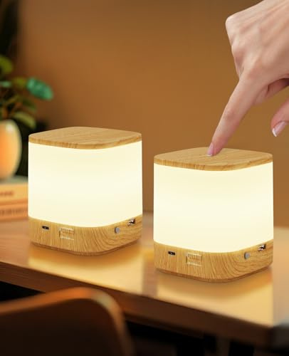 Homefire LED Nachttischlampe 2ER Touch Dimmbar: Tischlampe Akku 1800mAH USB Aufladbar Nachttischlampe Kabellos mit 3 Farbtemperaturen&Timing Nachtlicht für Schlafzimmer (Holzmaserung, 1800mAH-2ER)