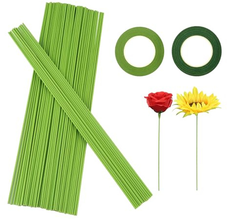 100 Stück Blumenstieldraht, Grün Steckdraht 2mm x 30cm, Floristendraht, Blumendrahtstiele, Blumendraht Grün mit 2 Rollen Blumenband, Drahtstäbe zum Basteln für DIY Blumenstrauß Blumenarrangements