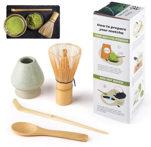 Matcha Kit 4 Pièces Matcha Set, Kit Matcha, Comprend le Fouet Matcha en Bambou, Cuillère Traditionnelle, Cuillère à Thé, Support Fouet Matcha, l'ensemble Parfait Pour Préparer, Vert maille