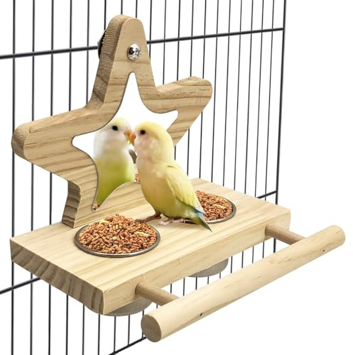 Tfwadmx Parrot Wooden Feeding Cups with Wooden Platform Stainless Steel Birds Bowls Food Water Bowls with Bird Food Holder for Cockatiel Conure Budgie Parakeet Macaw Lovebird