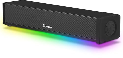 Wohome Altavoces de computadora 2.1 para PC de escritorio, barra de sonido Bluetooth 5.3 PC con 7 modos de luz RGB, altavoces de juegos para laptop alimentados por CC con entrada auxiliar de 3.5 mm