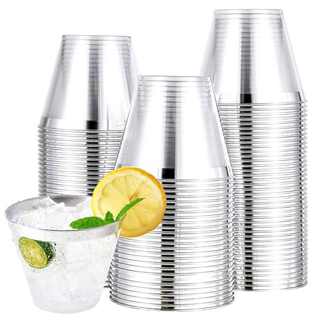 Lot de 100 gobelets en plastique réutilisables avec bordure argentée, 270 ml, verres élégants en plastique transparent pour décoration de la maison, fête, mariage, anniversaire, camping