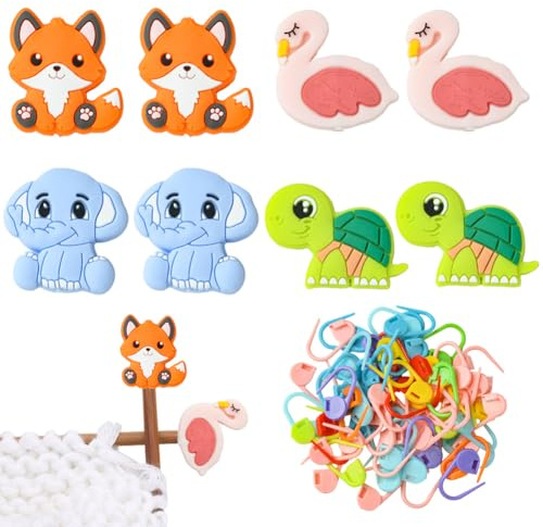 SUNNYCLUE Knitting Needles Stopper Knitting Needle Protectors 60Pcs Locking Stitch Markers mit 8Pcs Silikon Focal End Caps Animal Fox Elephant Silicone Beads Stitch Stoppers for Crochet