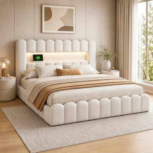 YGHQAP Cama acolchada Bubble 140 x 200 cm, cama doble con LED y función de carga USB, cama de almacenamiento hidráulico con respaldo de roble para adolescentes, lino, beige