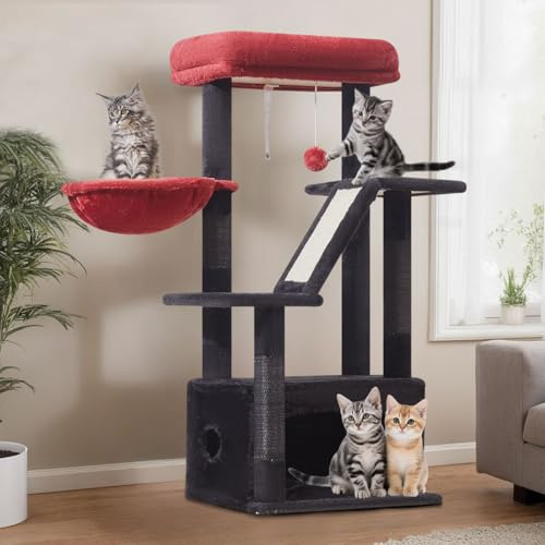 Taoqimiao Kratzbaum, 98cm katzenbaum Stabil KatzenKratzbaum Cat Tree mit Katzenhaus, Korb, 4 Kratzsäulen und Plüschbälle, Schwarz+Rot MS029SBR