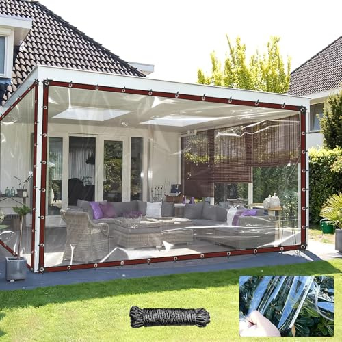 8X14FT Clear Waterproof Tarps (Increase Grommets,Windproof Rope Ties) Heavy Duty Poly Tarpaulin Outdoor Rainproof Covering, Clear Plastic Vinyl Tarp for Patio Enclosure Chicken Coop Tarp Cover
