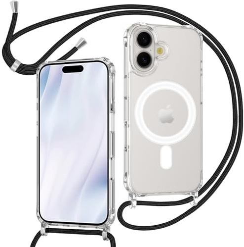 ZYIMOU für iPhone 17 Hülle mit Band Kompatibel mit MagSafe, Transparent Magnetische Handyhülle mit Kordel zum Umhängen Handyband Stossfest Schutzhülle，Kette Schwarz