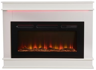 FLAMEKO 45 Freestanding Electric Fireplace Mantel Surround, Albury, 750W-1.5kW Electrical Heater, LED Flame Effect Fire, 13 Mood Lighting Options, Logs & Crystals, Remote Control
