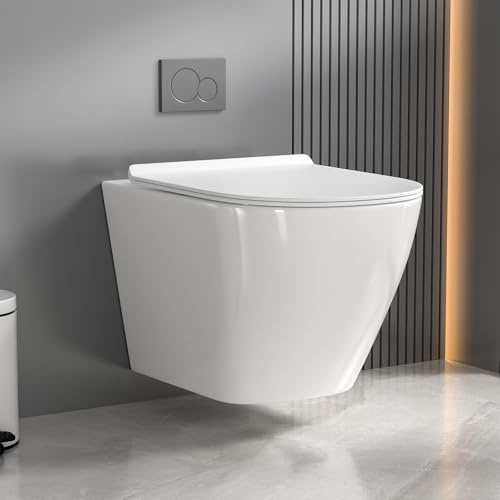 Yvsevnr Hänge WC Toilette mit 360° Tornado-Spülung, Spülrandlos Wand-WC Tiefspül Toilette, Hänge Toiletten Keramik mit Absenkautomatik Hängetoilette, D-Form, Weiß, 36 cm Lang