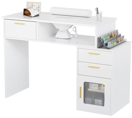OmySalon Nail Desk with Ribbed Design & Electric Dust Collector - Nail Tech Station with Storage Drawer, Fluted Glass Cabinet & Wrist Cushion for Home Salon & Spa (White)