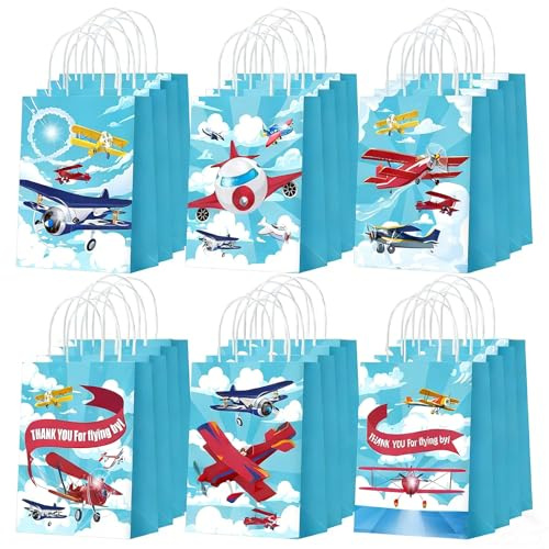 Ovanda 12 Flugzeug Geschenktüten aus Papier für Kindergeburtstag | Papiertüten mit Henkel und Happy Birthday Motiv für Süßigkeiten, Mitgebsel und kleine Gastgeschenke