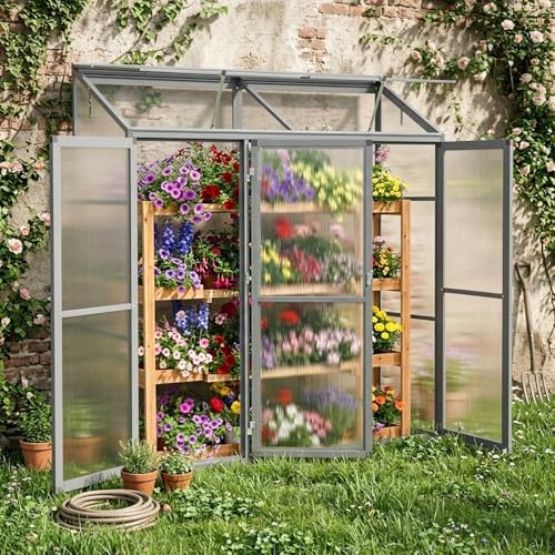 Euboer Anlehngewächshaus Tomaten Gewächshaus 180x55x190cm Aluminium - Beistell-Gewächshaus mit Rückwand, Winterfest Kleines Gewächshaus für Balkon & Garten, Frühbeet Treibhaus (Grau)