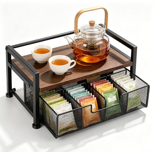 Tea Bag Organizer for Countertop, 2-Tier Coffee Station Holder with 8-Compartment Mesh Storage Drawer, Wood & Metal Tea Box Rack for K-Cups, Syrup Bottles and Spices, 13x7.8in, Rustic Brown