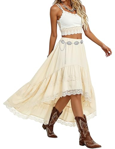 XZQTIVE Boho Festival Skirts for Women UK - Western Cowgirl Denim Midi Skirt with Lace Trim, High Waisted Asymmetrical Tiered Long Skirt, Gypsy Outfit for Concert & Music Festival